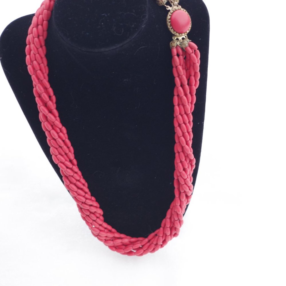 Red Orange Celoide With Filigree brass Latch Six Strand Necklace